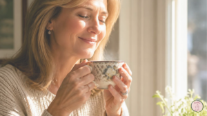 Mulher em um momento de tranquilidade e autocuidado durante a menopausa.